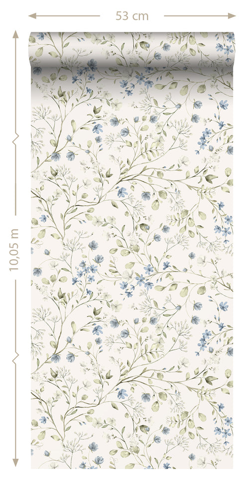 ESTAhome behang bloemetjes vergrijsd groen, blauw en wit - 50 x 900 cm - 131139 - vtwonen shop