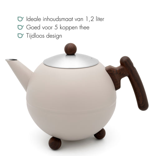 Bredemeijer - Duet® Bella Ronde – Dubbelwandige Theepot – 1,2 liter - RVS - Zand - vtwonen shop