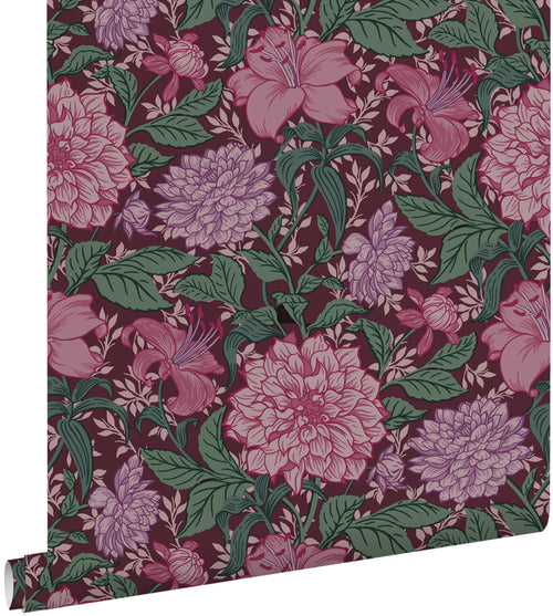 ESTAhome behang vintage bloemen fuchsia roze, paars en groen - 50 x 900 cm - 131128 - vtwonen shop