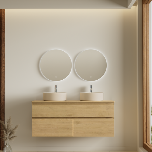 LOMAZOO badkamermeubel Alira - zwevend met 2 ronde wastafels - licht eiken - 120 cm