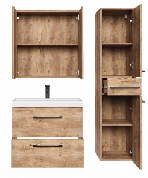 Badplaats Badkamermeubel Set Florence 60 cm – Kastanje Eiken – Hangend Badmeubel met Wastafel, Spiegelkast en Zijkast