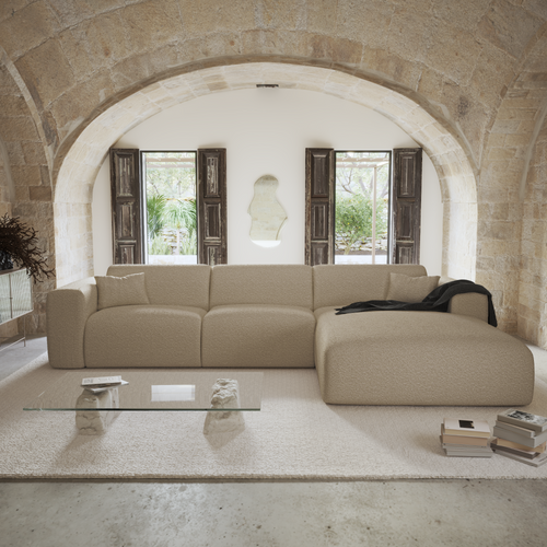 Sia Home - Rechthoekige hoekbank die als bed kan worden gebruikt MYRA - bouclé-stof mol 299cm