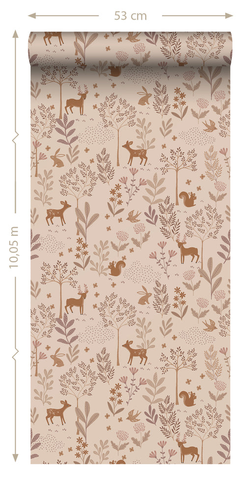 ESTAhome behang bos met bosdieren lila roze - 53 cm x 10.05 m - 131228 - vtwonen shop
