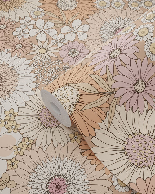 ESTAhome behang retro bloemen terracotta, paars en wit - 53 cm x 10.05 m - 131314