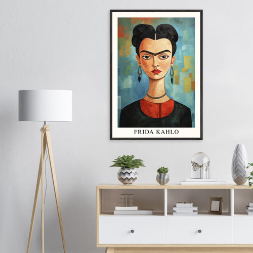 Artfulprints Poster met Lijst Frida Kahlo - Painted artistic portrait   - 70x100 cm - Blauw