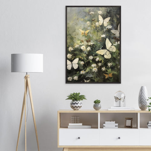 Artfulprints Poster Butterflies in flowerfield   - A4 21x29.7 cm - Donkergroen