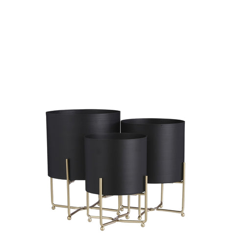 Mica Decorations Aries Bloempot op Standaard - Set van 3 - H32 x Ø24 cm - Zwart