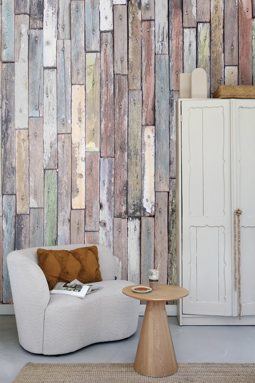 Sanders & Sanders fotobehang houten planken beige, groen en blauw - 360 x 270 cm - 600444 - vtwonen shop