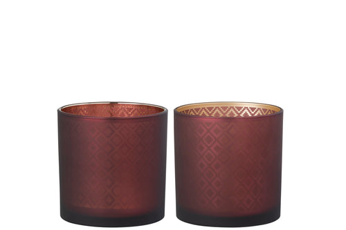 J-Line windlicht Oosters - glas - rood/goud - medium - 2 stuks
