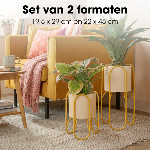 Mica Decorations Donau Bloempot op Standaard – Set van 2 – Plantenpot voor Bloemen en Kamerplanten – Bloempotten voor Binnen – IJzer – Geel