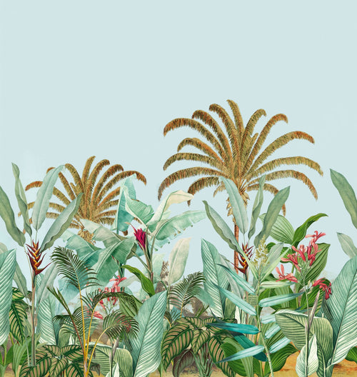 Livingwalls fotobehang tropische bladeren blauw, groen, roze en bruin - 265 x 280 cm - AS-392311