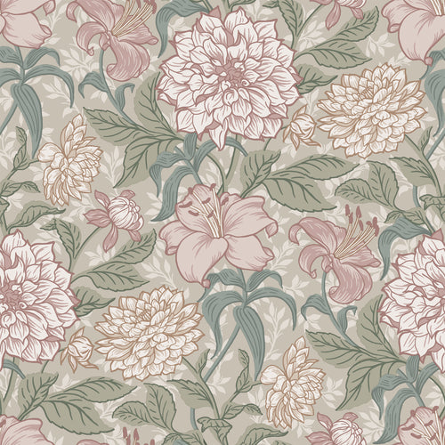 ESTAhome behang vintage bloemen oudroze en vergrijsd groen - 53 cm x 10.05 m - 139377