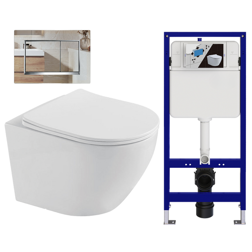 LOMAZOO hangtoiletset Linea - met inbouwreservoir & vierkante drukplaat - rond - chroom / wit