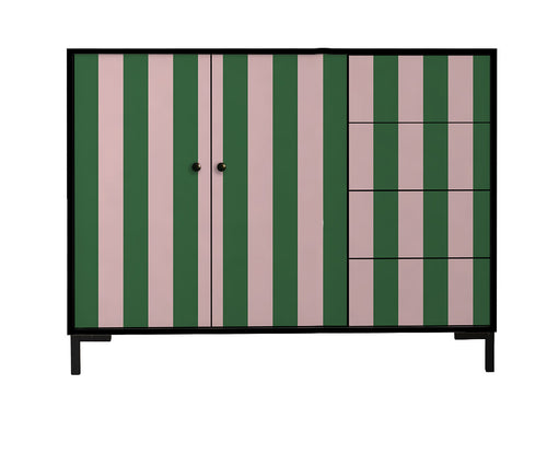 Laag dressoir van MDF met verticaal streeppatroon in groen- en rozetinten