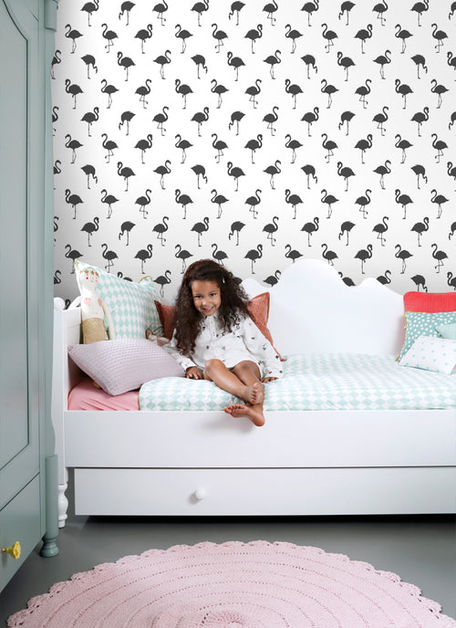 ESTAhome behang flamingo's zwart en wit - 53 cm x 10.05 m - 138993