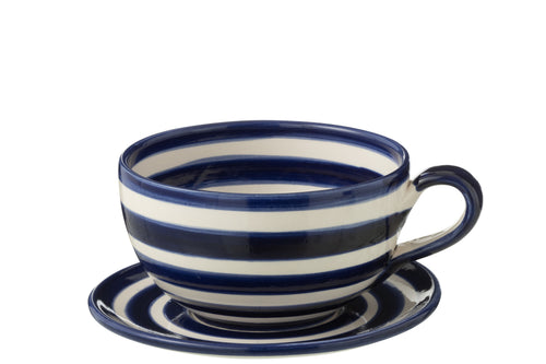 J-Line kopje + schoteltje Granada Stripes - keramiek - wit/blauw