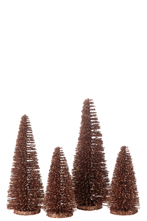 J-Line decoratie Kerstboom Glitter - kunststof - bruin - doos van 4