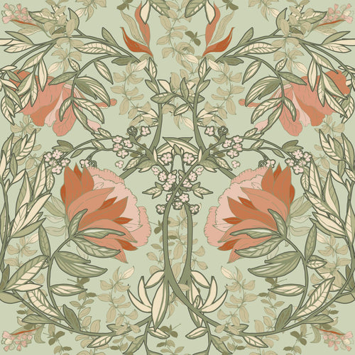 ESTAhome behang vintage bloemen in art nouveau stijl groen en terracotta - 50 x 900 cm - 131852