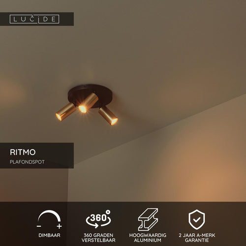 Lucide plafondspot RITMO - 3xGU10 (MR11) - Mat Goud / Messing