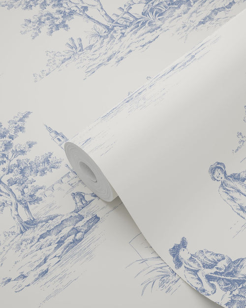 ESTAhome behang toile de jouy print blauw en wit - 50 x 900 cm - 132110