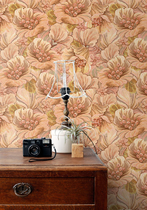 ESTAhome behang geborduurd bloemmotief lichtbruin, beige en geel - 50 x 900 cm - 131292