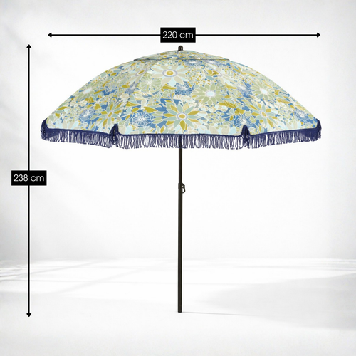 Mica Decorations Parasol Bloem - Stokparasol 238 x d220 cm - Strandparasol of Tuinparasol voor Schaduw - Bloemen Design - Blauw Groen