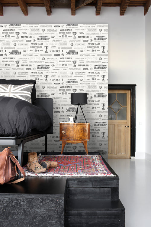 ESTAhome behang sportquotes zwart op gebroken wit - 53 cm x 10.05 m - 128817