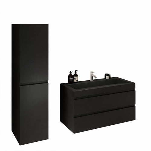 LOMAZOO badmeubelset Azuro - met kolomkast & zwarte wastafel - mat zwart - 100 cm