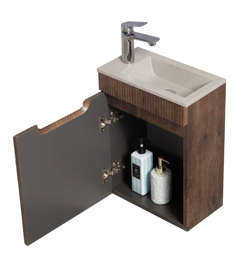 Badplaats Toiletmeubel Thermis 40 x 22 cm – Walnoot Bruin – Fonteinmeubel met Beige Wastafel