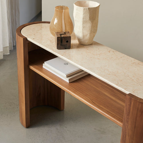 Tikamoon Consoletafel in massief teak en marmer - Naturel