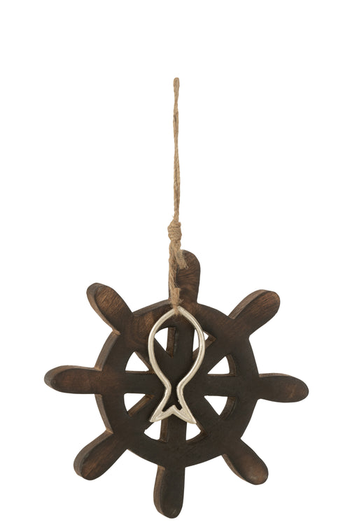 J-Line decoratie Roer Vis Mango - hout - donkerbruin - large - 3 stuks