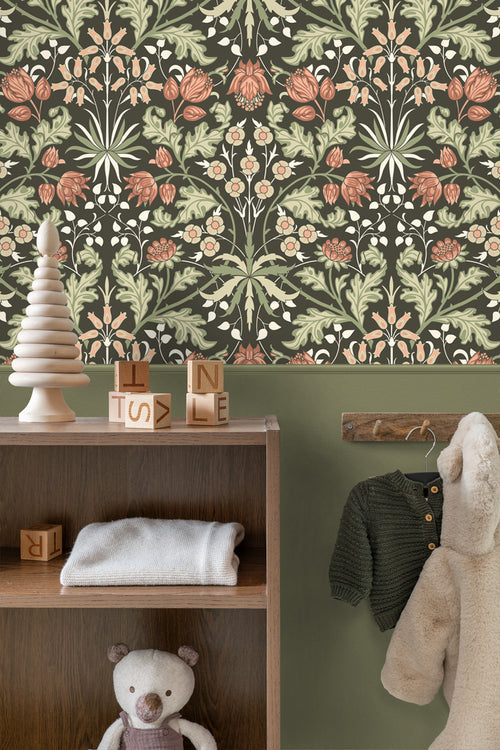 ESTAhome behang vintage bloemen in art nouveau stijl donkergroen en terracotta - 50 x 900 cm - 131183 - vtwonen shop