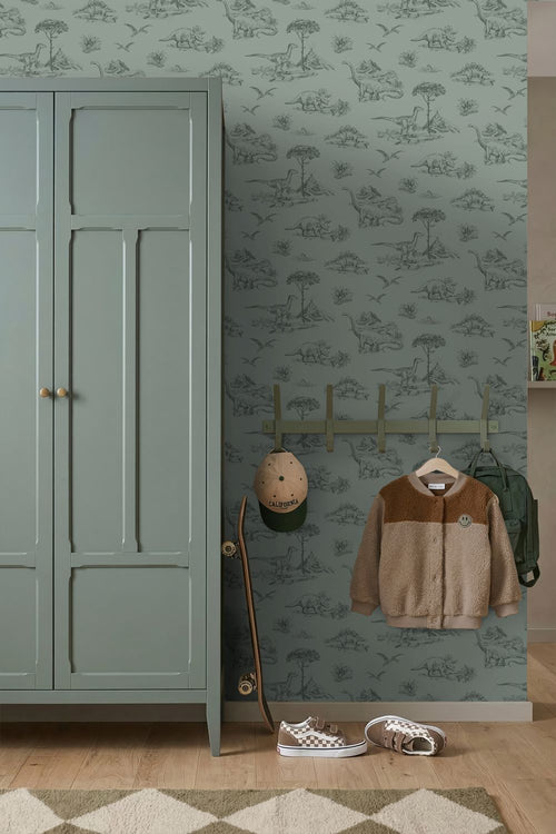 ESTAhome behang dinosaurussen vergrijsd groen - 53 cm x 10.05 m - 139358