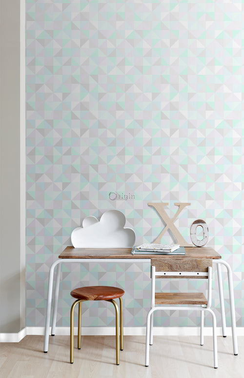 Origin Wallcoverings behang driehoekjes pastel paars, mintgroen, glanzend zilvergrijs en pastelblauw - 53 cm x 10.05 m - 337205 - vtwonen shop
