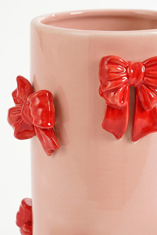 Mica Decorations Vaas met Strikjes - H26 x Ø17 cm - Dolomiet - Rood, Lichtroze - vtwonen shop