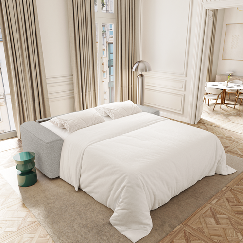 Premium Interiors - Snel uitklapbare slaapbank COMO - bouclé-stof lichtgrijs 216cm