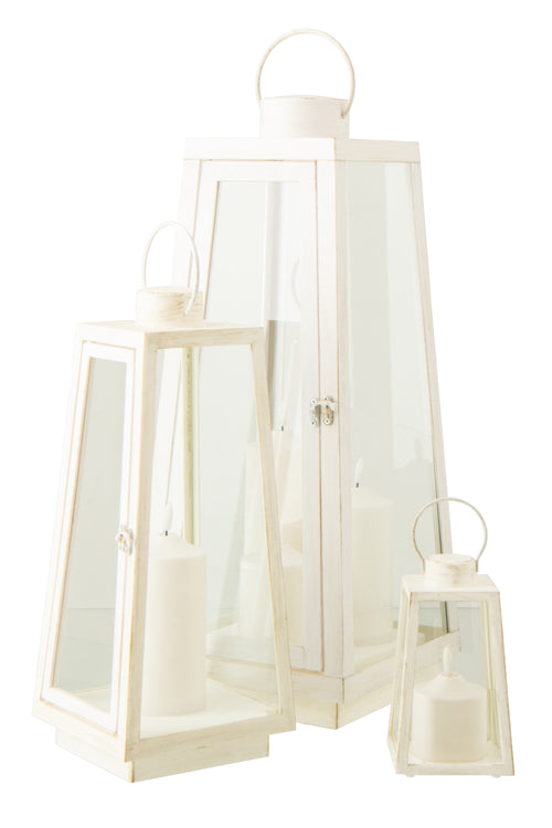 J-Line lantaarn + kaars - glas - wit - large - LED lichtjes