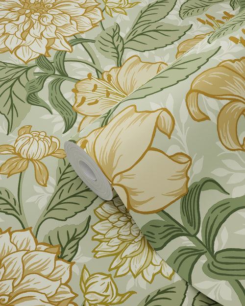 ESTAhome behang vintage bloemen groen en okergeel - 53 cm x 10.05 m - 139379