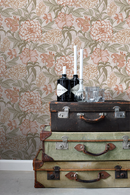 ESTAhome behang vintage bloemen oudroze en groen - 53 cm x 10.05 m - 139479