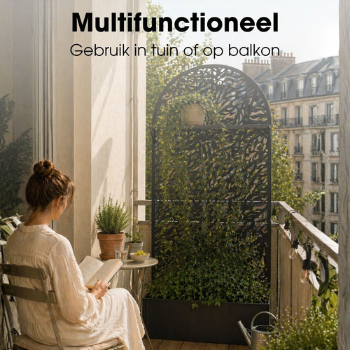 Mica Decorations Sapri Plantensteun - Plantenbak met Klimrek voor Klimplanten - Plantenstandaard Vrijstaand of tegen Muur - 90 x 33 x 180 cm - Zwart