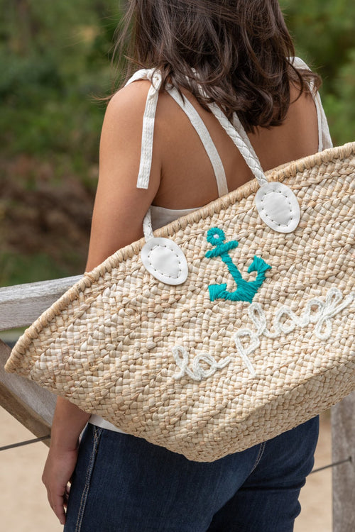 J-Line strandtas La Plage - maïs - naturel/wit/azuur - 2 stuks