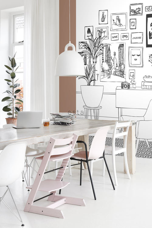 ESTAhome fotobehang tekening woonkamer zwart wit - 186 x 279 cm - 158813 - vtwonen shop