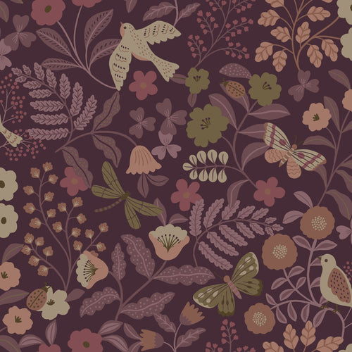 ESTAhome behang bloemen en vogels aubergine paars - 0.53 x 10.05 m - 131639