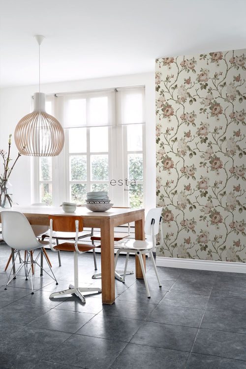 ESTAhome behang vintage bloemen gebroken wit en oudroze - 53 cm x 10.05 m - 139406