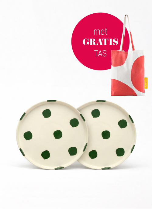 vtwonen -  Lunchbord - Stippen - Groen - Set van 2 - Keramiek - 20cm