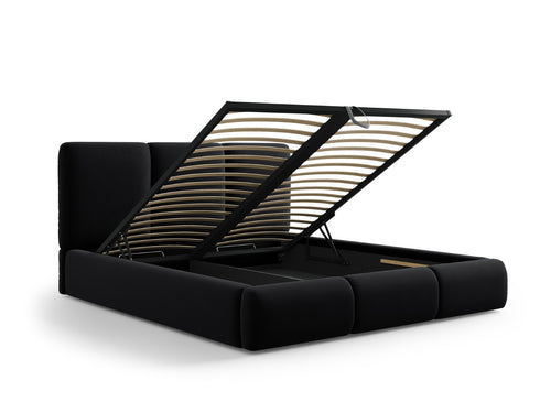 Cosmopolitan Design Opbergbed met hoofdeinde Nicolas 140x200cm, flueel, zwart - 220x160x100cm