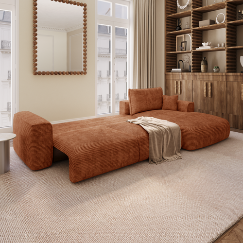 Premium Interiors - Rechthoekige hoekbank met slaapfunctie en opbergruimte COMO - corduroy terracotta 297cm