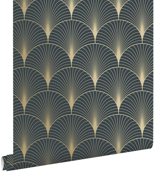 ESTAhome behang art deco motief donkerblauw en goud - 53 cm x 10.05 m - 139231