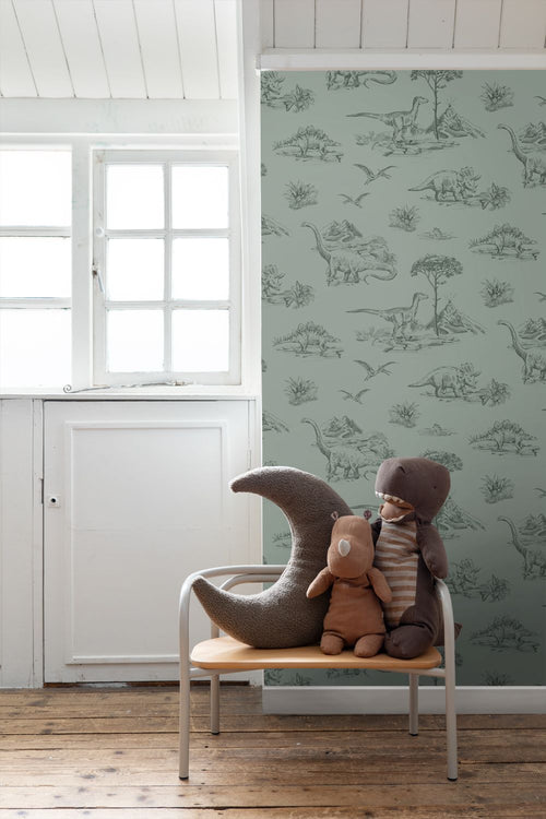 ESTAhome behang dinosaurussen vergrijsd groen - 53 cm x 10.05 m - 139358