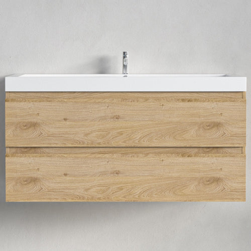 LOMAZOO badmeubelset Avalon - met hoge kast & witte wastafel - licht eiken - 100 cm